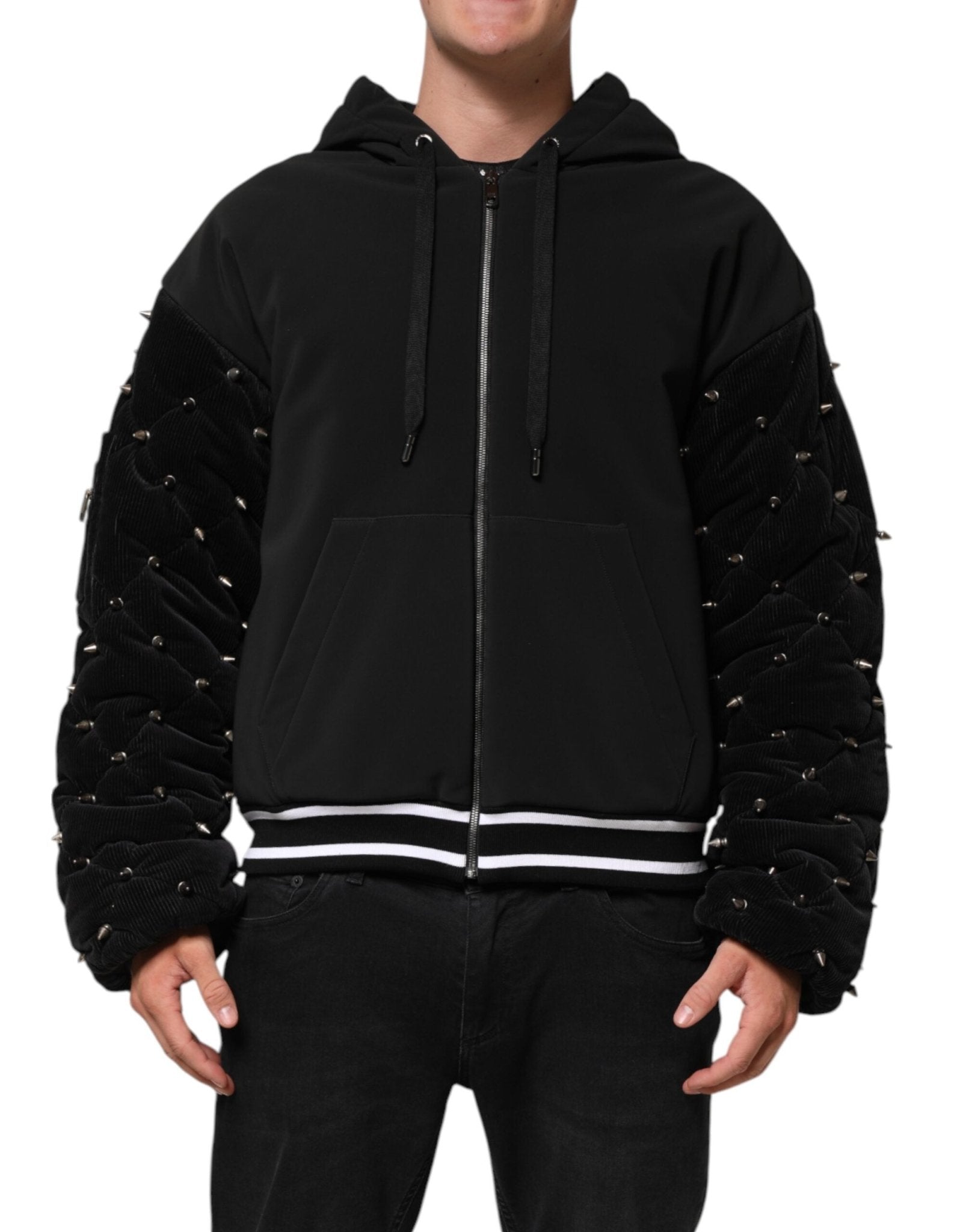 Dolce & Gabbana Black Cotton Quilted Studded Sleeve Hoodie Jacket - RIMODA