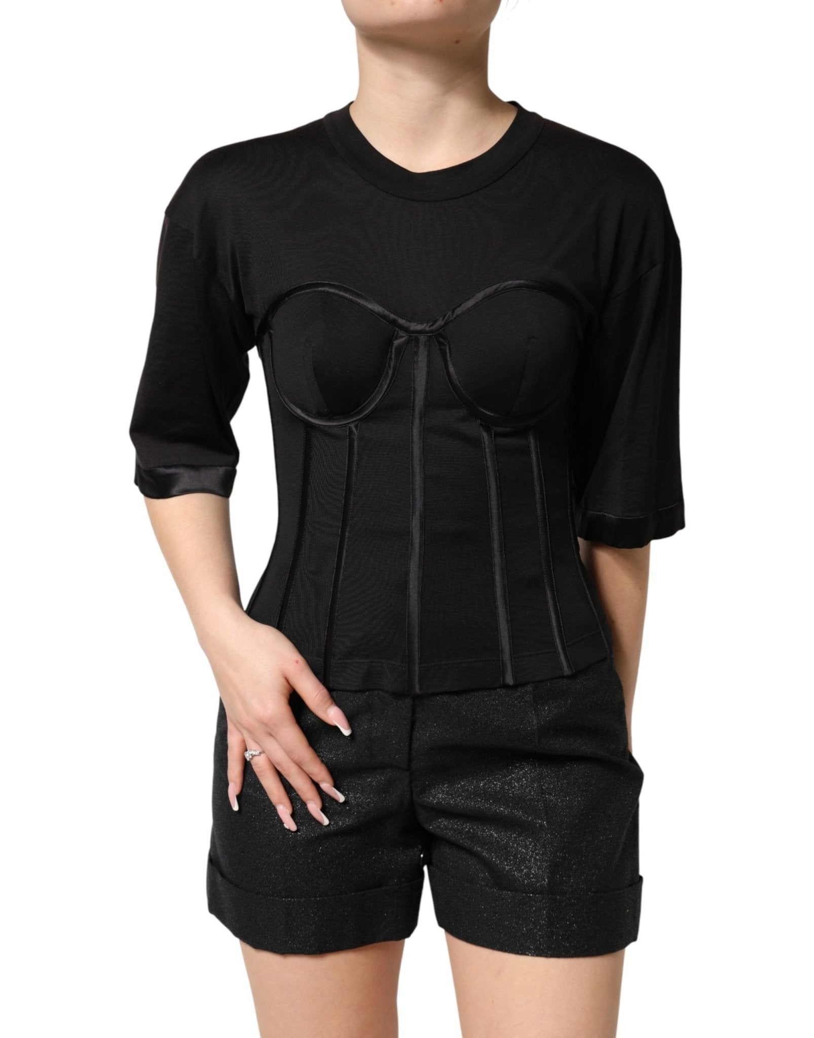 Dolce & Gabbana Black Cotton Short Sleeve Bustier T-shirt Top - RIMODA