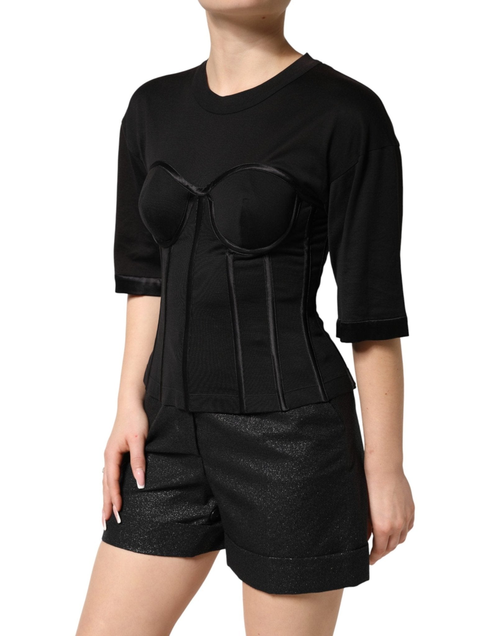 Dolce & Gabbana Black Cotton Short Sleeve Bustier T-shirt Top - RIMODA