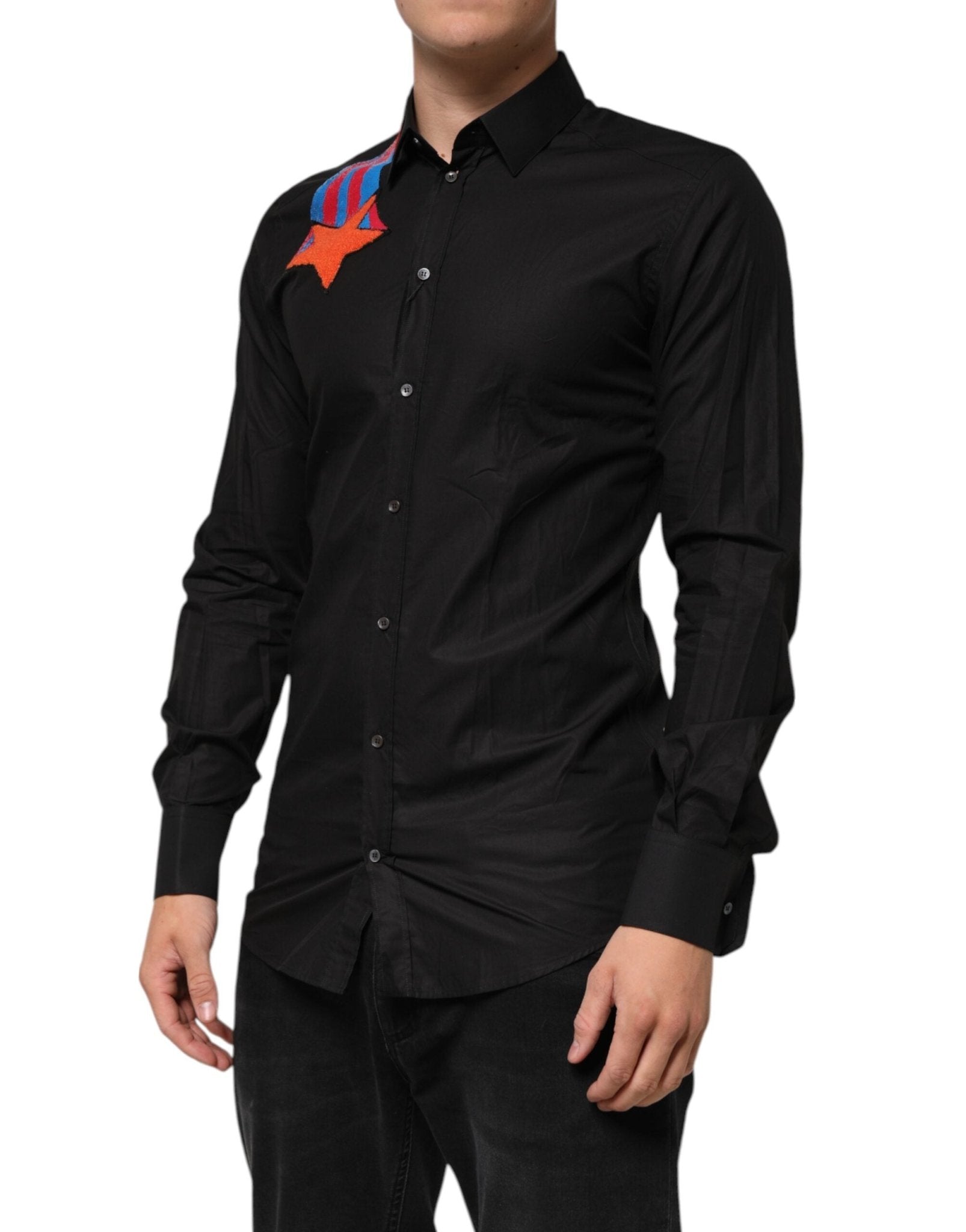 Dolce & Gabbana Black Cotton Star Sequin Dress Formal Men Shirt - RIMODA