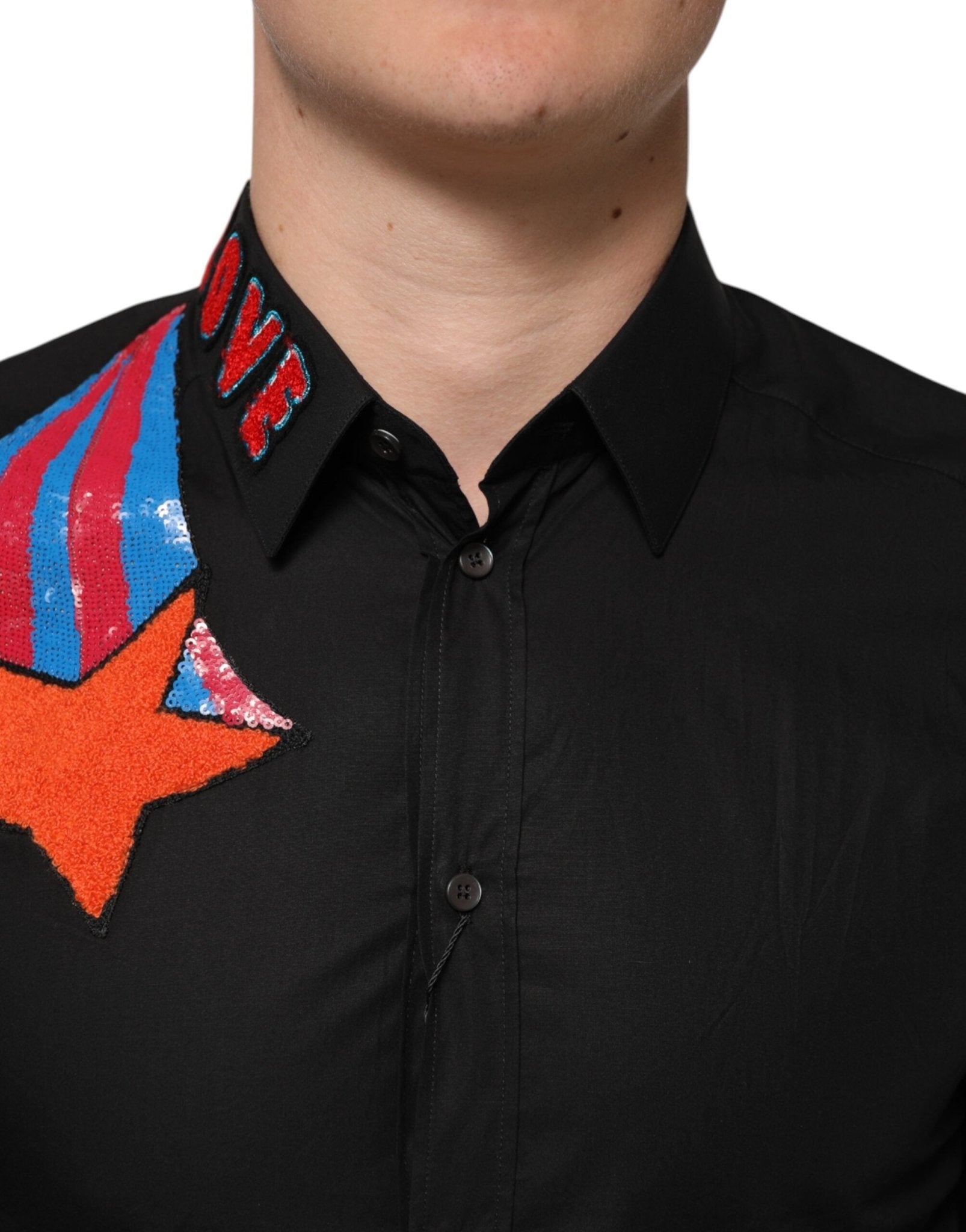 Dolce & Gabbana Black Cotton Star Sequin Dress Formal Men Shirt - RIMODA
