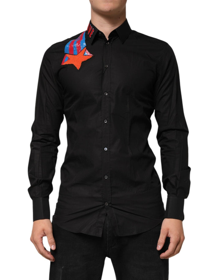 Dolce & Gabbana Black Cotton Star Sequin Dress Formal Men Shirt - RIMODA