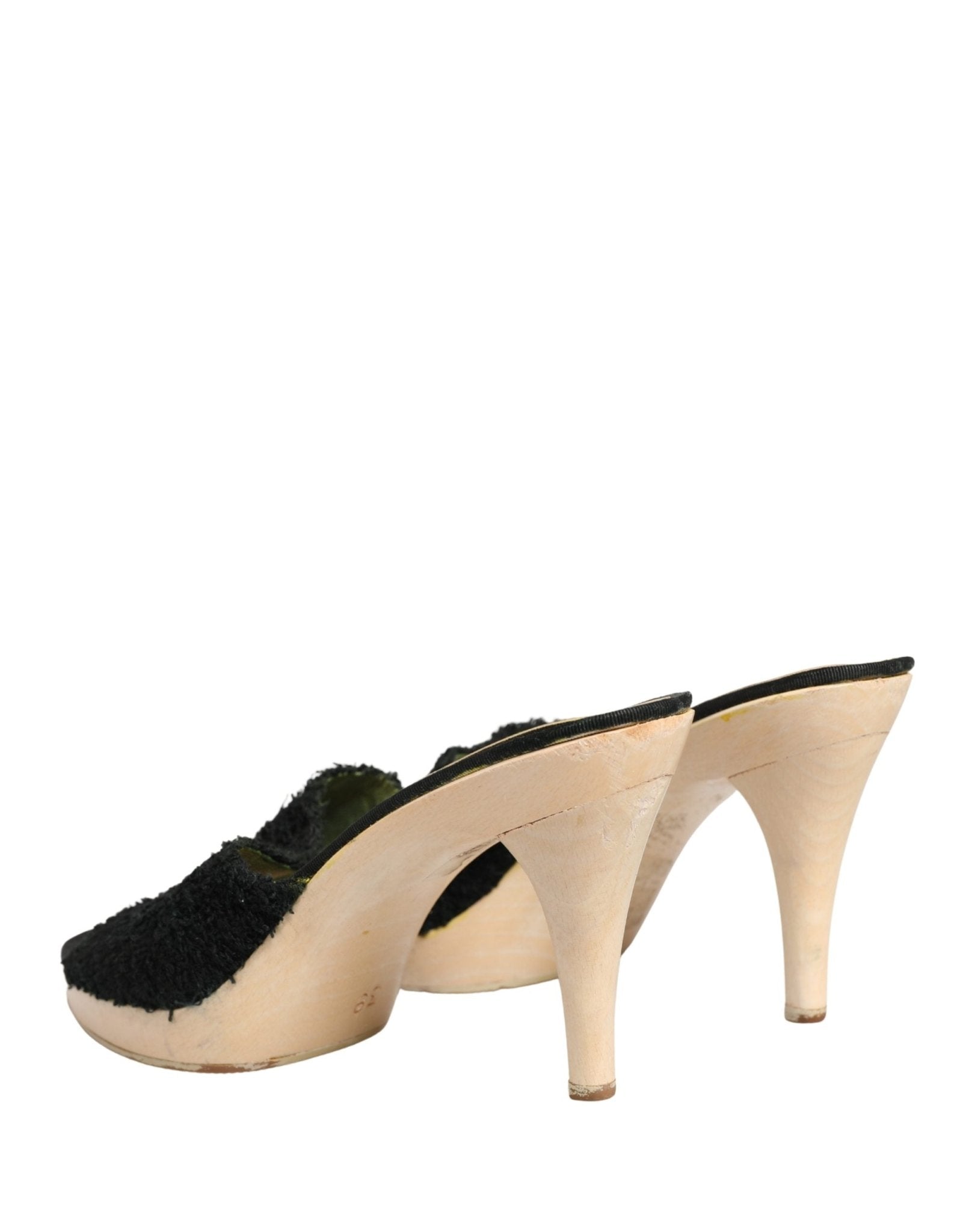 Dolce & Gabbana Black Fabric Fur Mule Wood Platform Heel Shoes - RIMODA