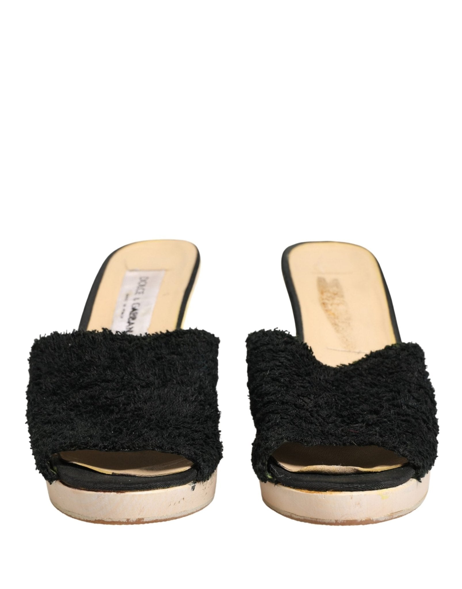 Dolce & Gabbana Black Fabric Fur Mule Wood Platform Heel Shoes - RIMODA