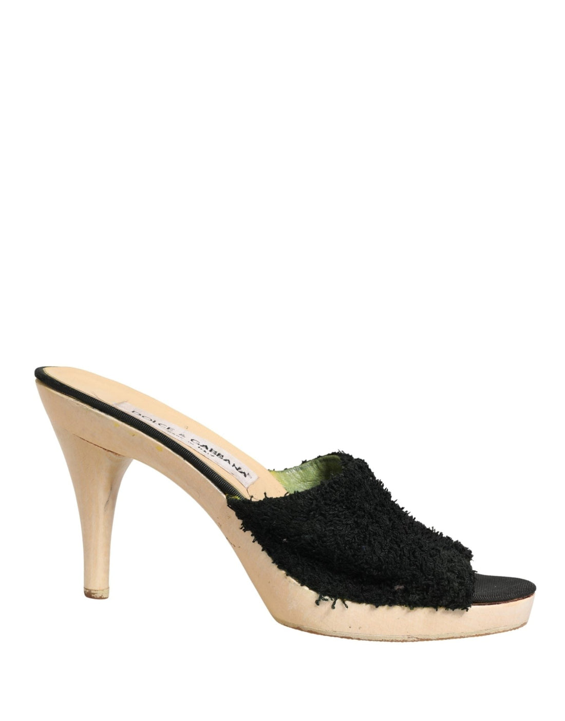 Dolce & Gabbana Black Fabric Fur Mule Wood Platform Heel Shoes - RIMODA