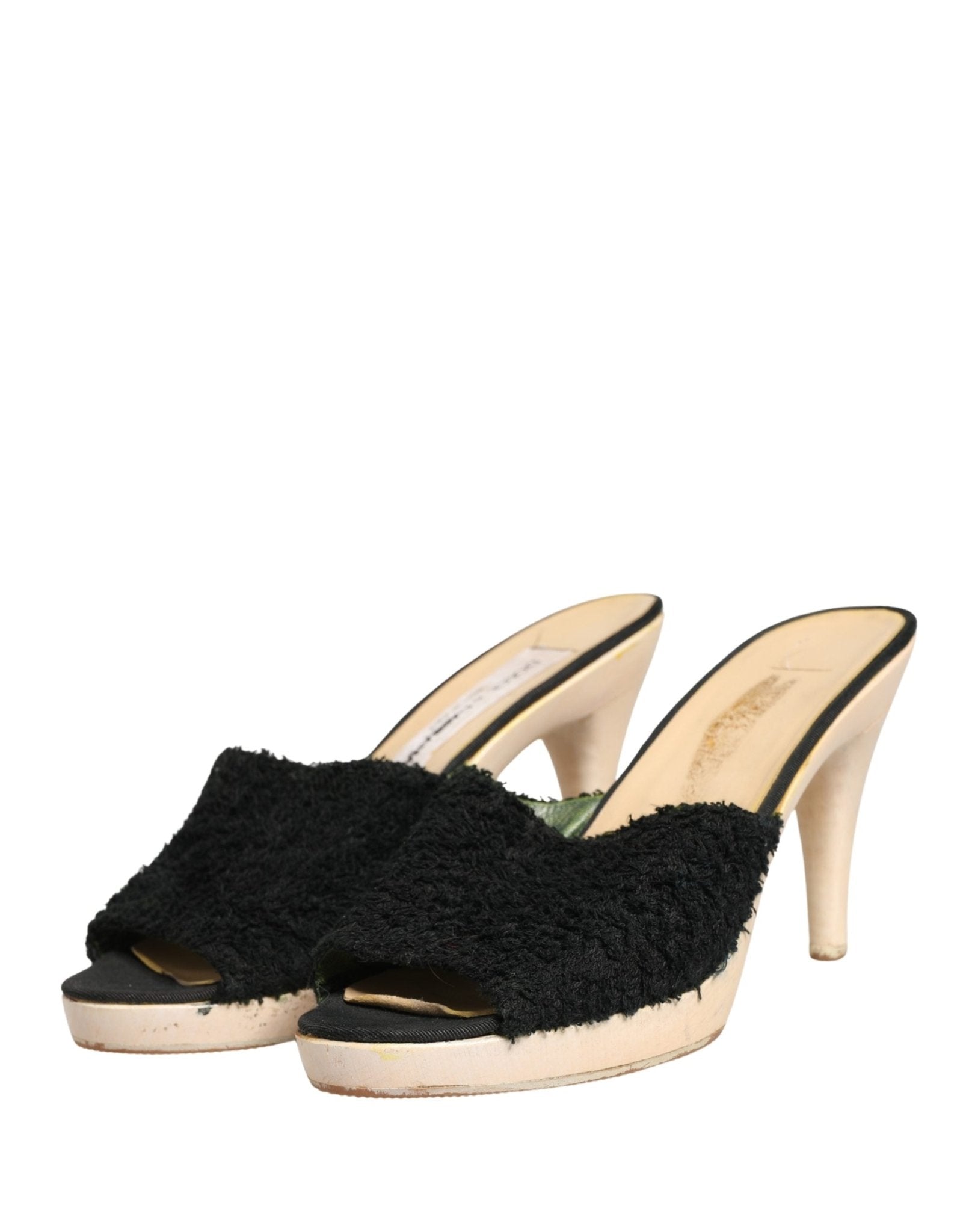 Dolce & Gabbana Black Fabric Fur Mule Wood Platform Heel Shoes - RIMODA