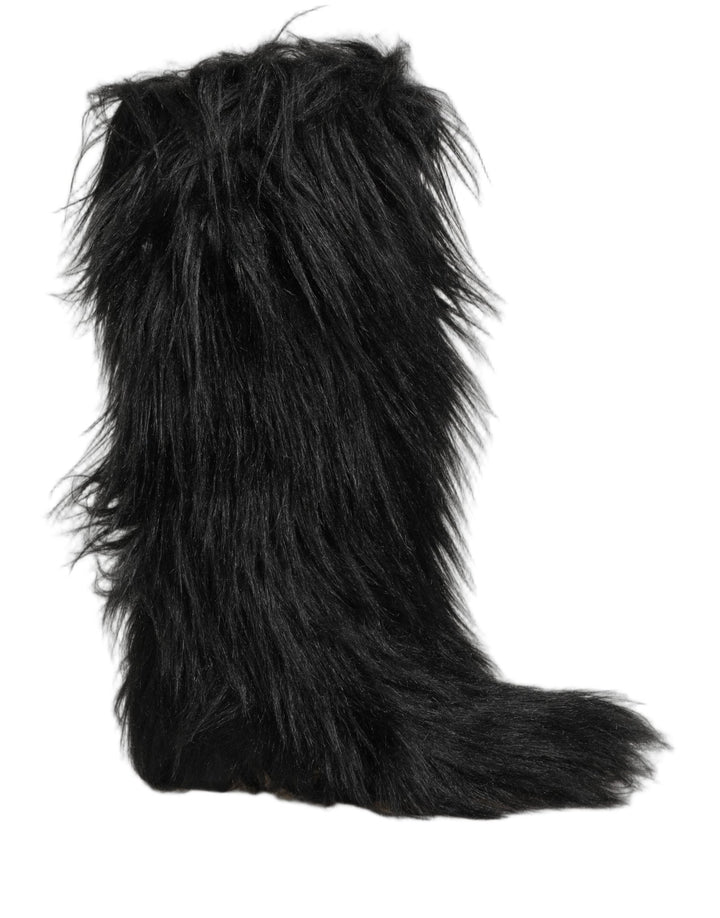 Dolce & Gabbana Black Faux Fur Mid Calf Winter Boots Shoes - RIMODA