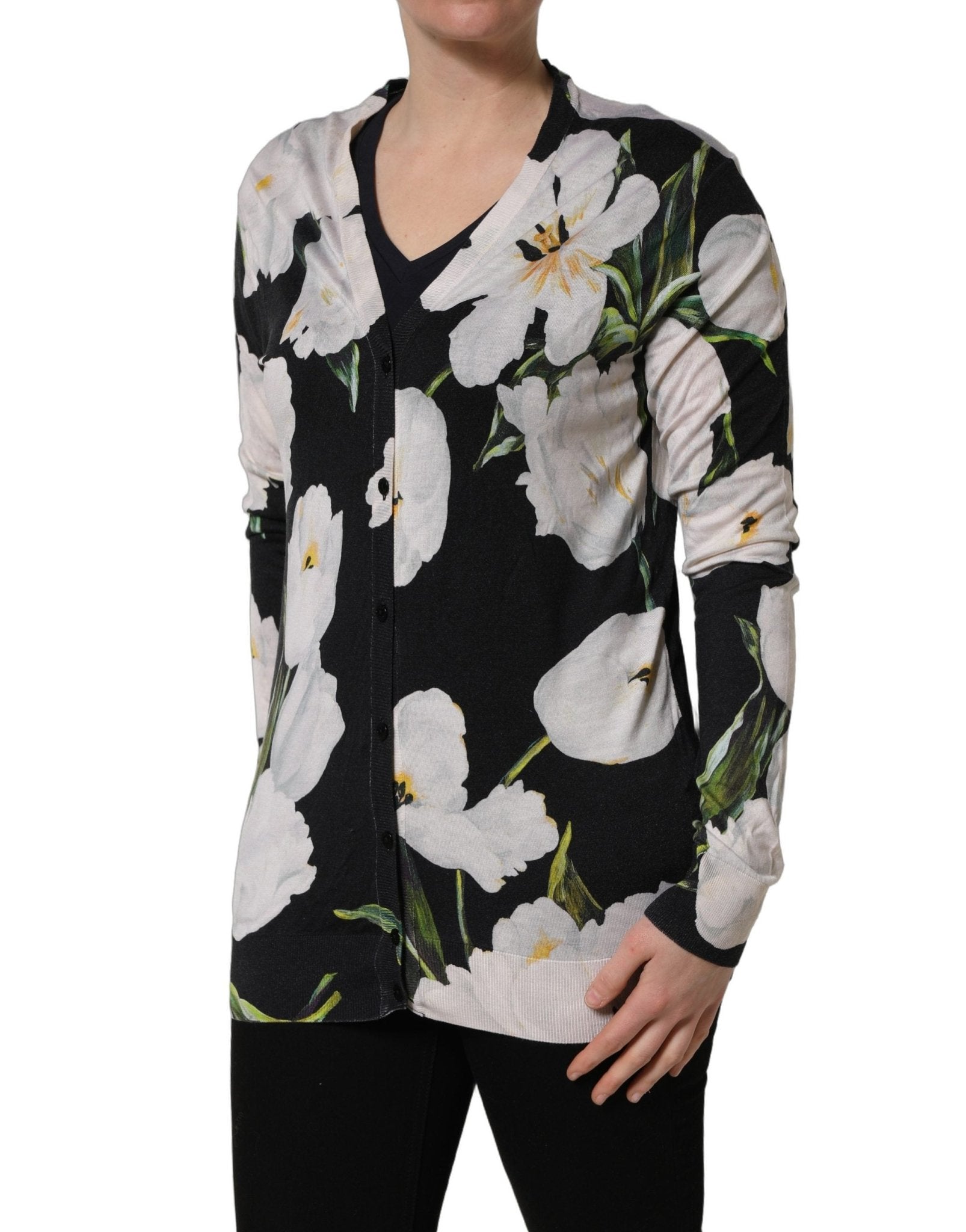 Dolce & Gabbana Black Floral Cashmere Silk Cardigan Sweater - RIMODA