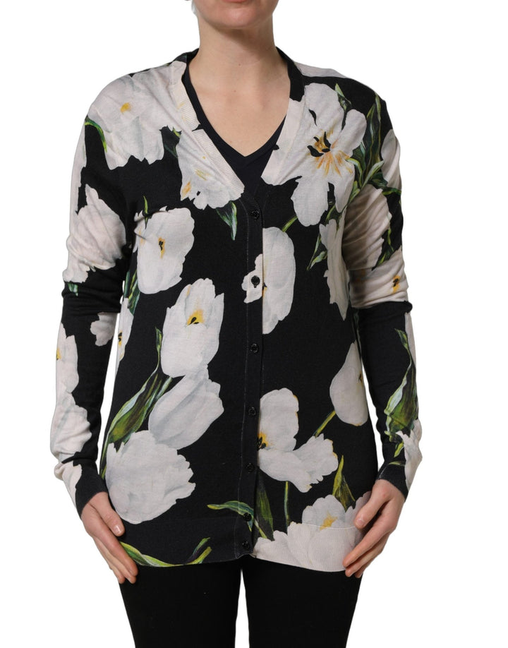 Dolce & Gabbana Black Floral Cashmere Silk Cardigan Sweater - RIMODA