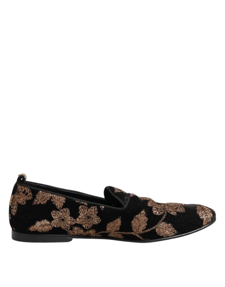 Dolce & Gabbana Black Floral Embroidery Men Loafers Shoes - RIMODA