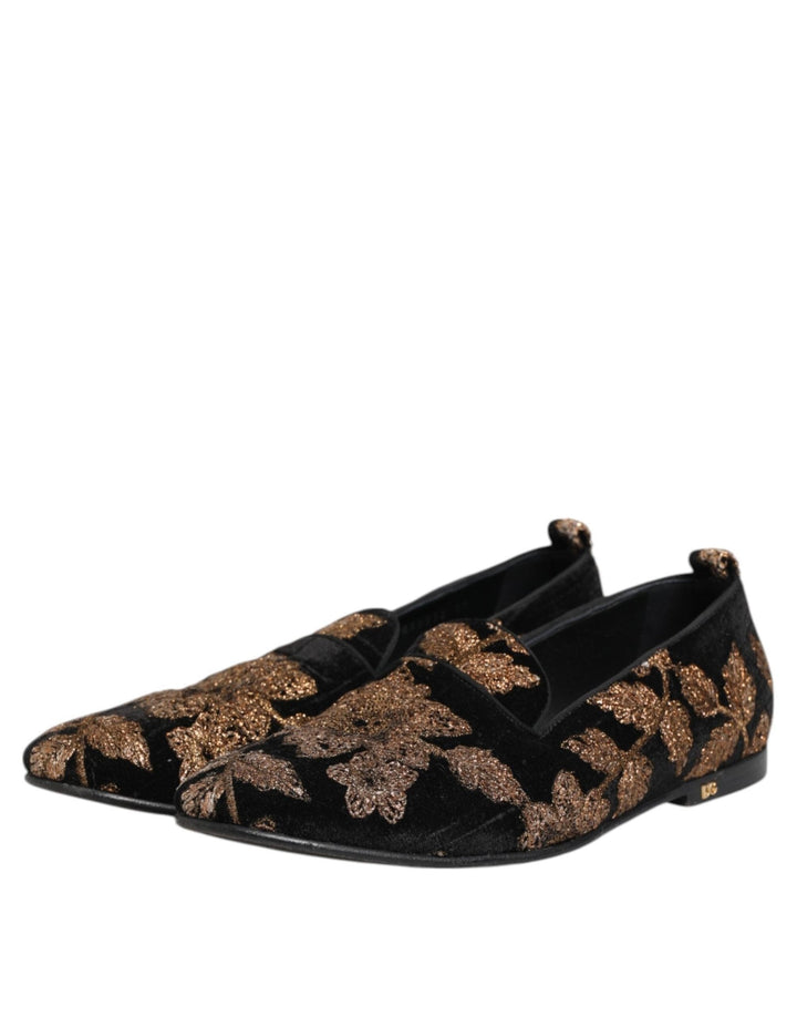 Dolce & Gabbana Black Floral Embroidery Men Loafers Shoes - RIMODA