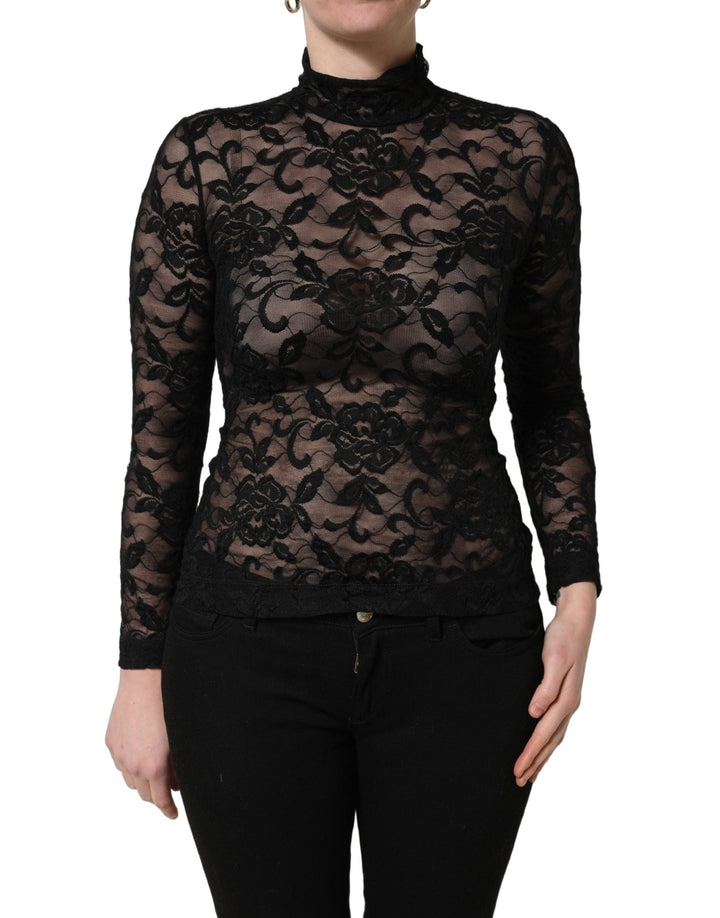 Dolce & Gabbana Black Floral Lace Turtle Neck Long Sleeve Top - RIMODA