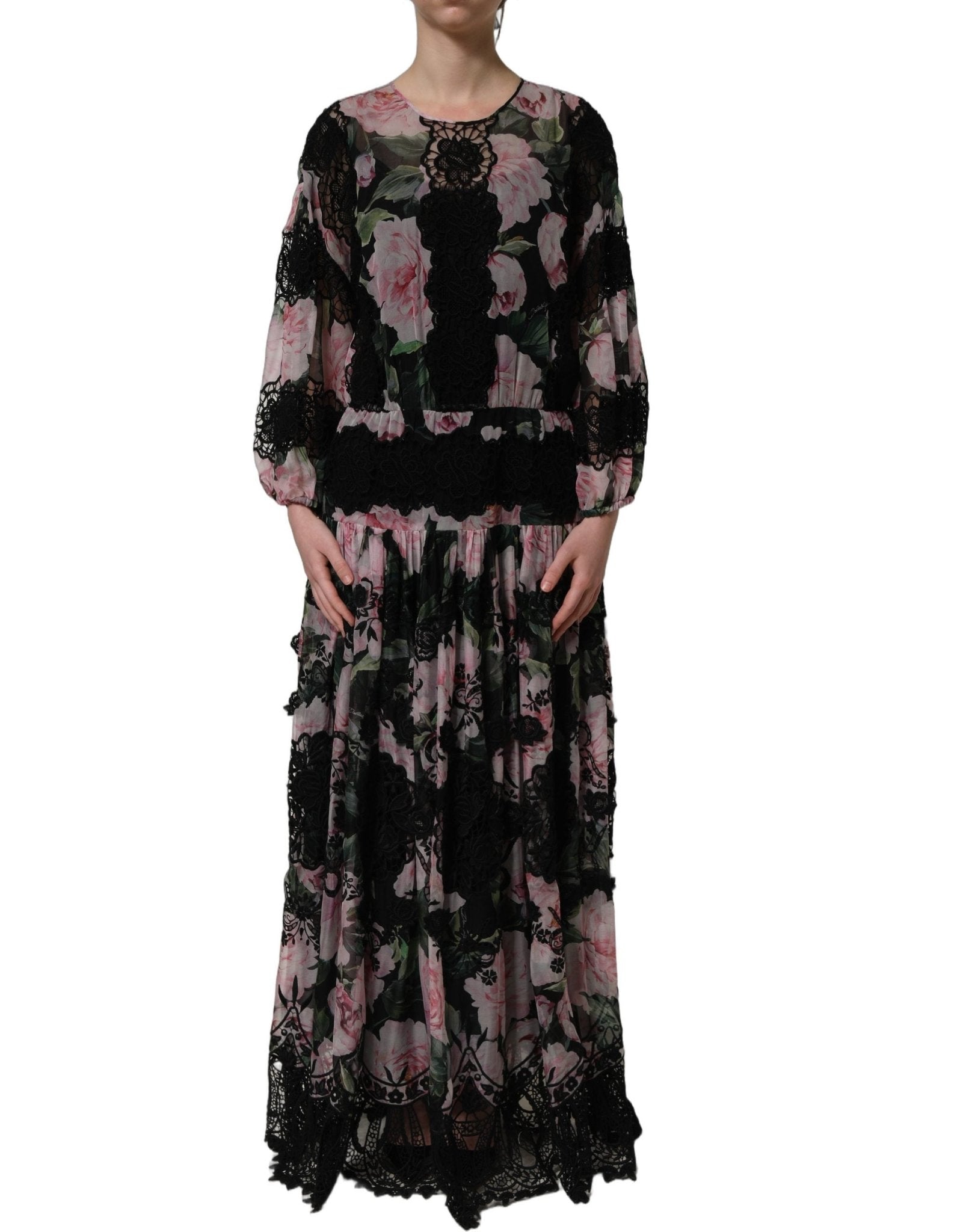Dolce & Gabbana Black Floral Print Cotton Lace Maxi Dress - RIMODA