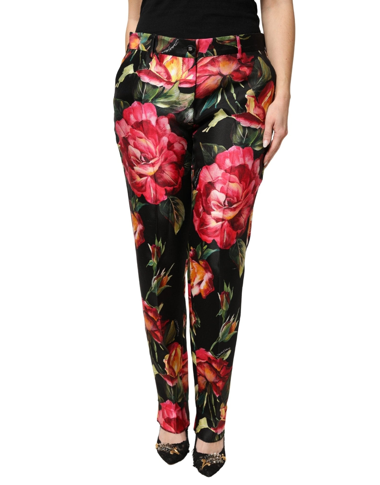 Dolce & Gabbana Black Floral Silk Mid Waist Tailored Trousers Pants - RIMODA