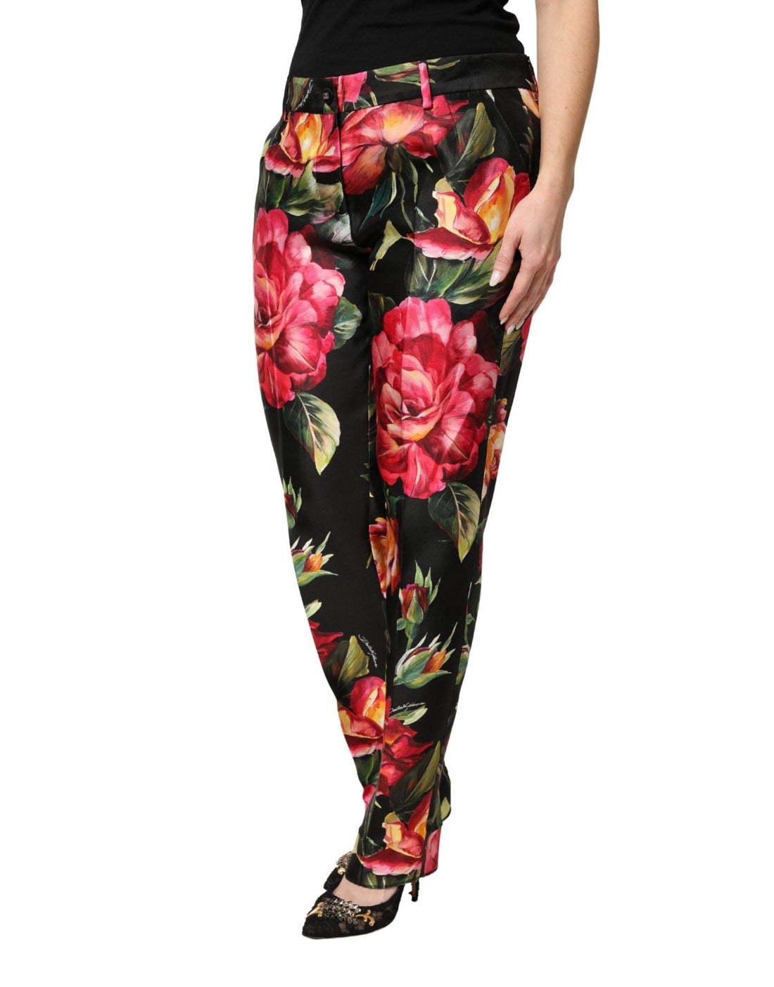 Dolce & Gabbana Black Floral Silk Mid Waist Tailored Trousers Pants - RIMODA
