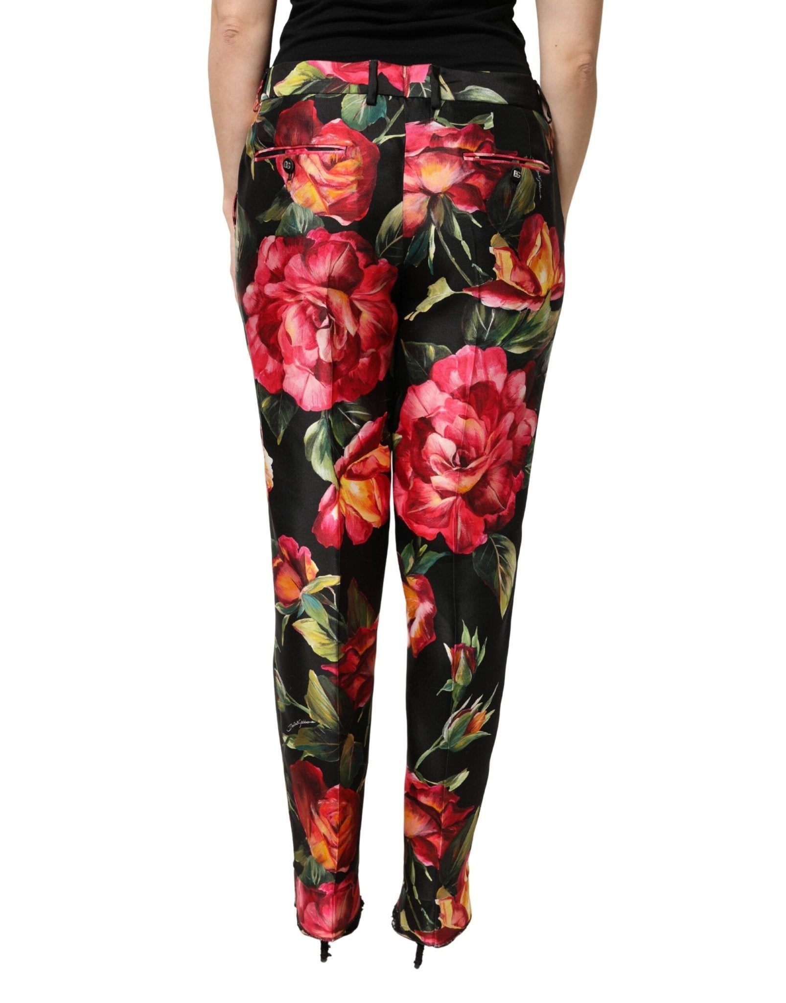 Dolce & Gabbana Black Floral Silk Mid Waist Tailored Trousers Pants - RIMODA
