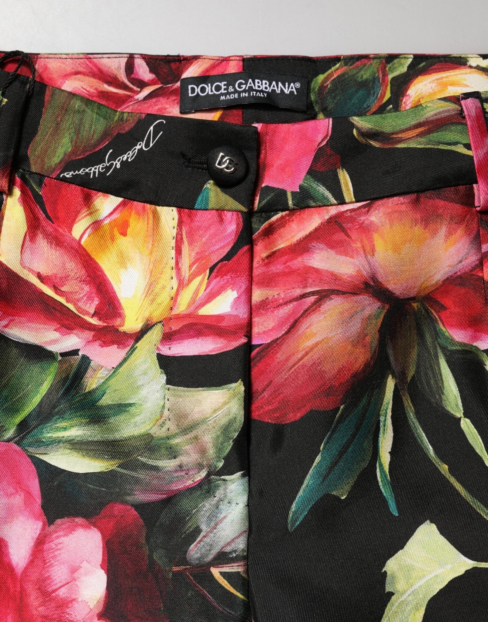 Dolce & Gabbana Black Floral Silk Mid Waist Tailored Trousers Pants - RIMODA
