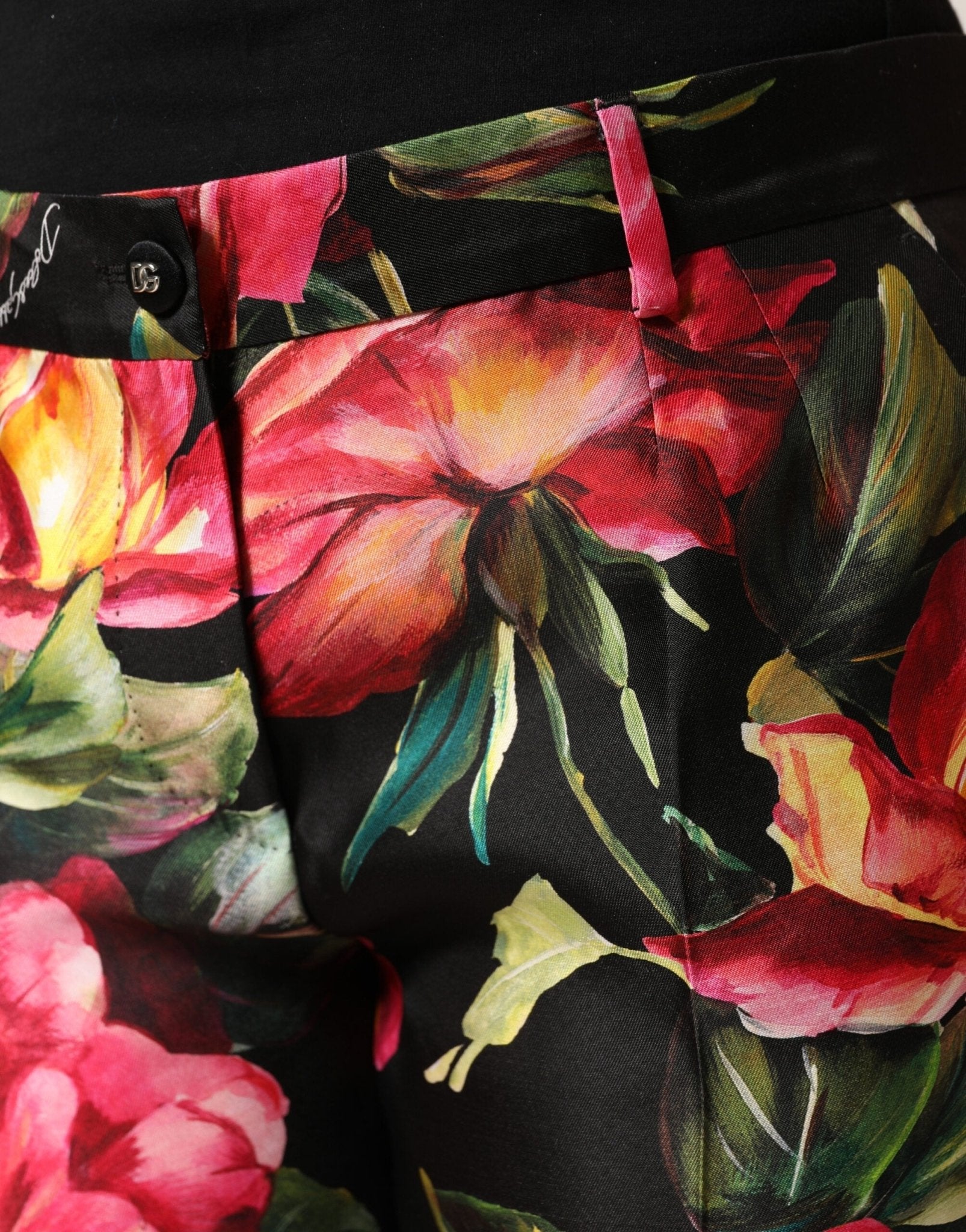 Dolce & Gabbana Black Floral Silk Mid Waist Tailored Trousers Pants - RIMODA