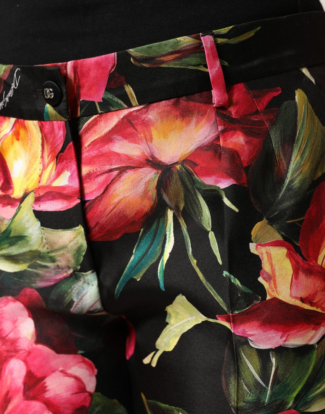 Dolce & Gabbana Black Floral Silk Mid Waist Tailored Trousers Pants - RIMODA
