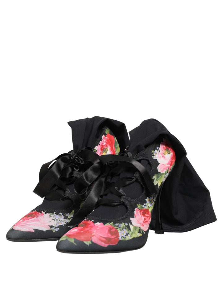 Dolce & Gabbana Black Floral Stiletto Mid Calf Boots Shoes - RIMODA