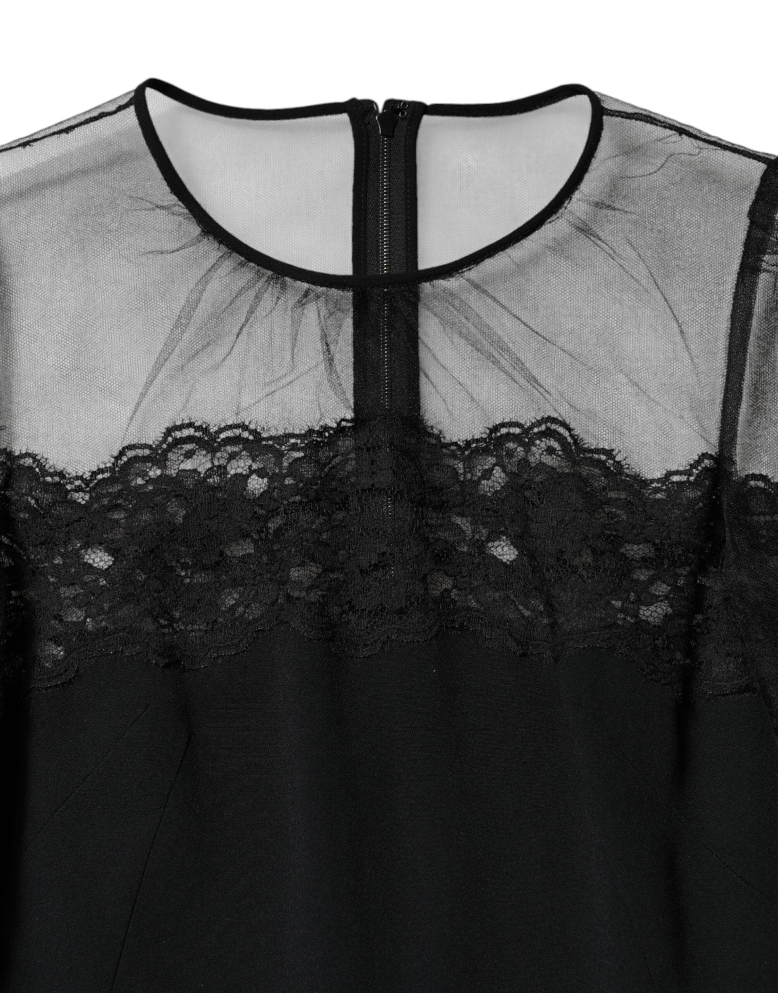 Dolce & Gabbana Black Lace Trim Nylon Tulle Sheath Midi Dress - RIMODA