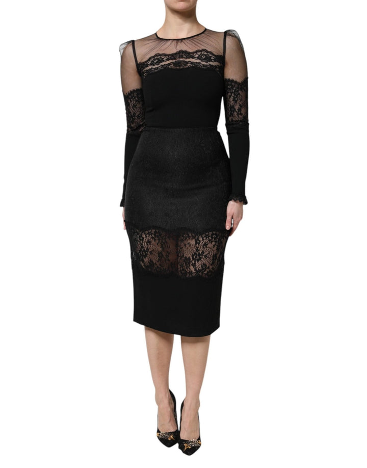 Dolce & Gabbana Black Lace Trim Nylon Tulle Sheath Midi Dress - RIMODA