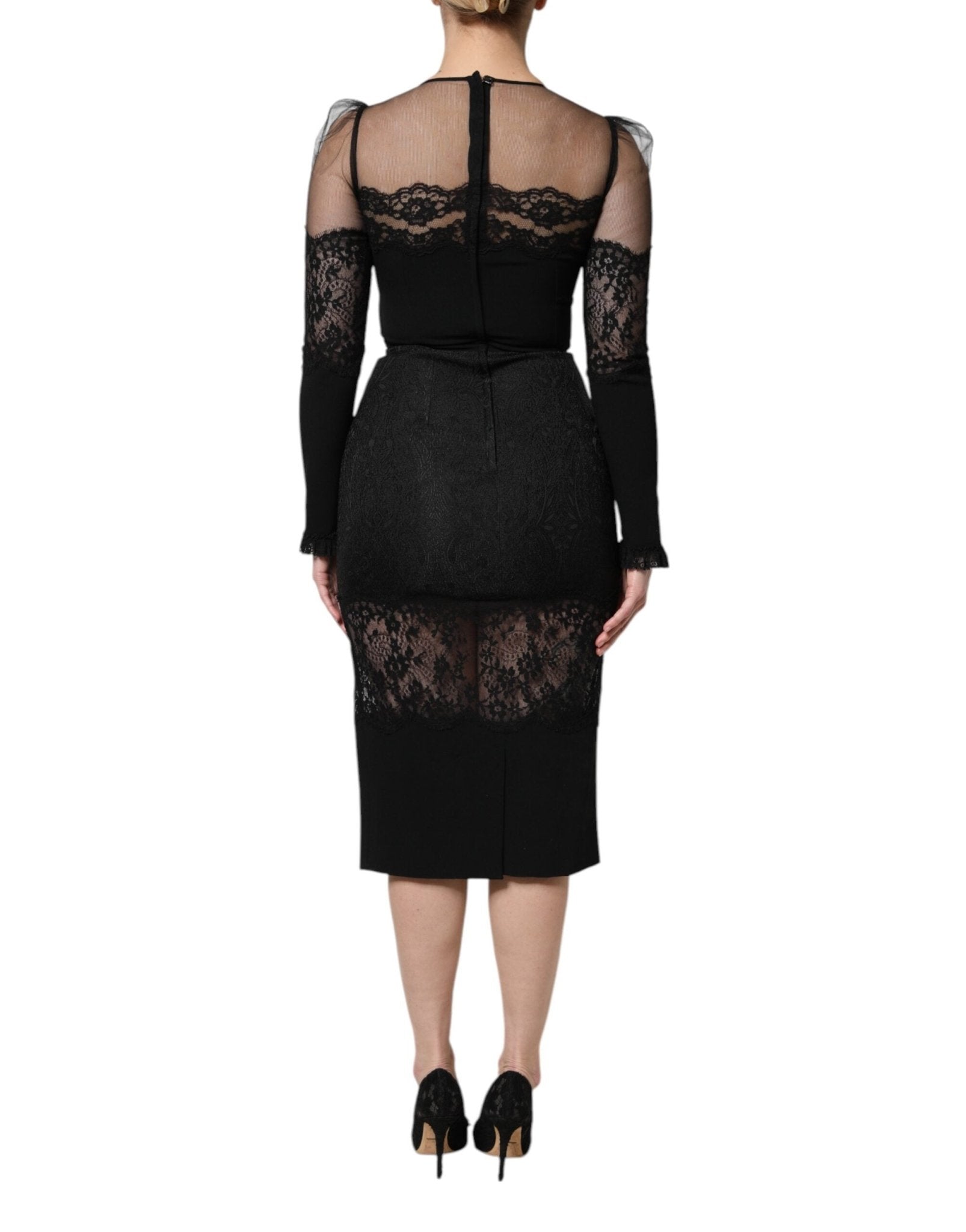 Dolce & Gabbana Black Lace Trim Nylon Tulle Sheath Midi Dress - RIMODA