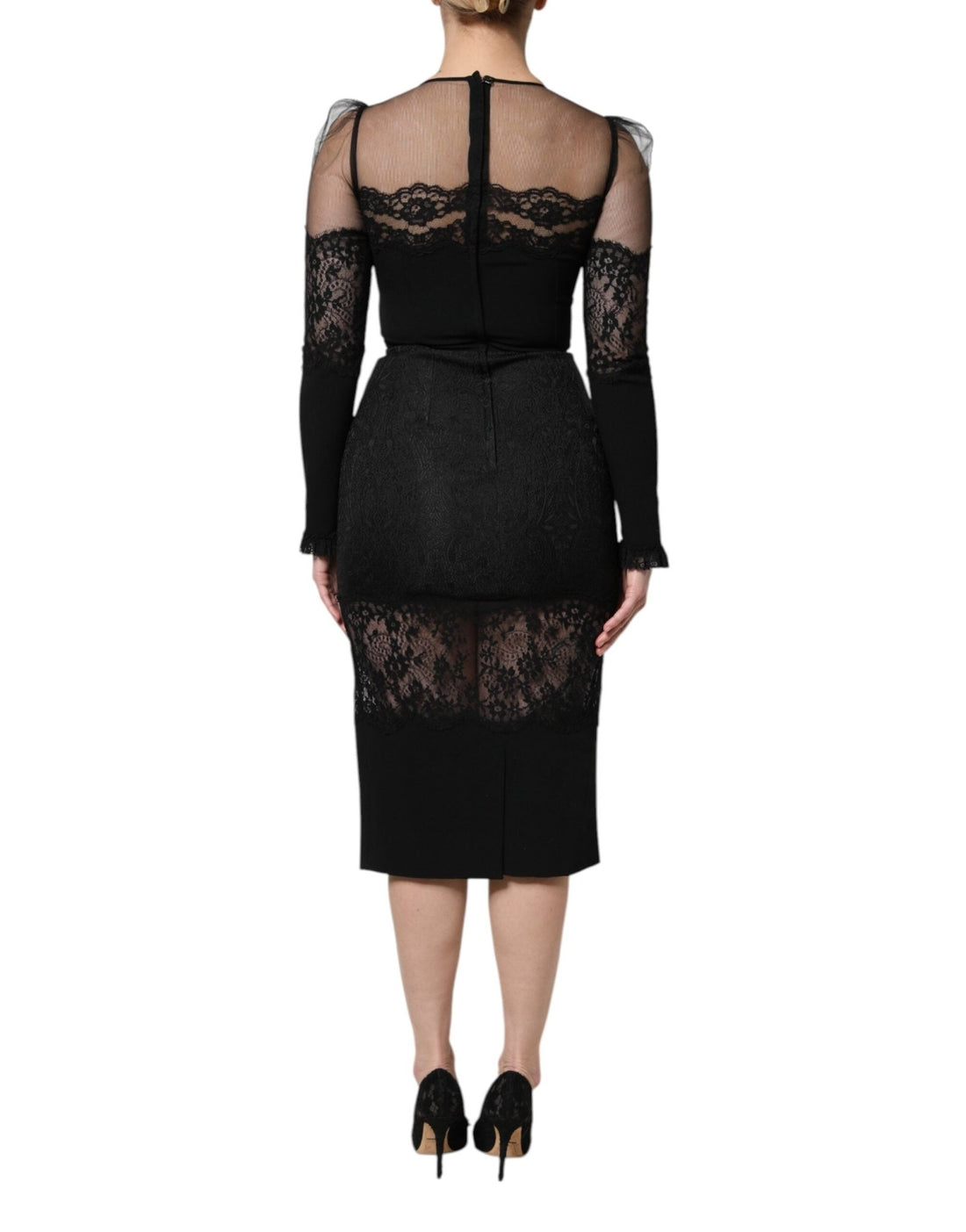Dolce & Gabbana Black Lace Trim Nylon Tulle Sheath Midi Dress - RIMODA