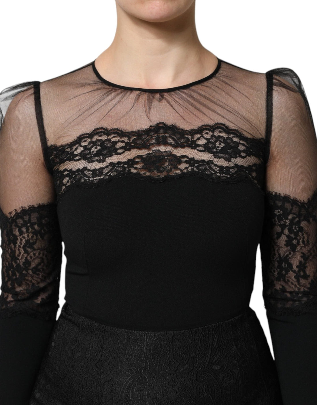 Dolce & Gabbana Black Lace Trim Nylon Tulle Sheath Midi Dress - RIMODA
