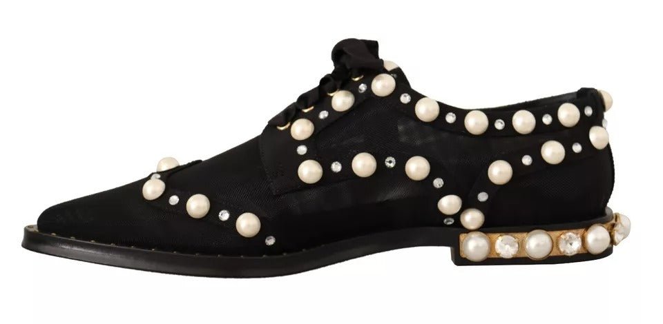 Dolce & Gabbana Black Lace Up Jewelled Formal Flats Shoes - RIMODA