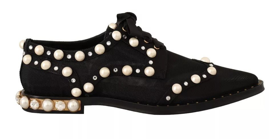 Dolce & Gabbana Black Lace Up Jewelled Formal Flats Shoes - RIMODA