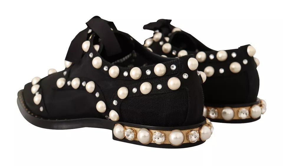 Dolce & Gabbana Black Lace Up Jewelled Formal Flats Shoes - RIMODA