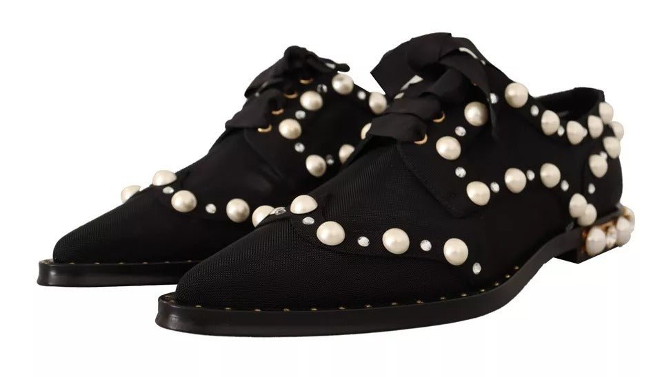 Dolce & Gabbana Black Lace Up Jewelled Formal Flats Shoes - RIMODA