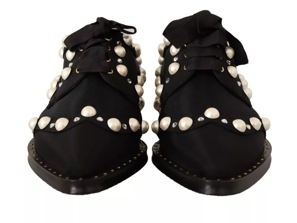 Dolce & Gabbana Black Lace Up Jewelled Formal Flats Shoes - RIMODA