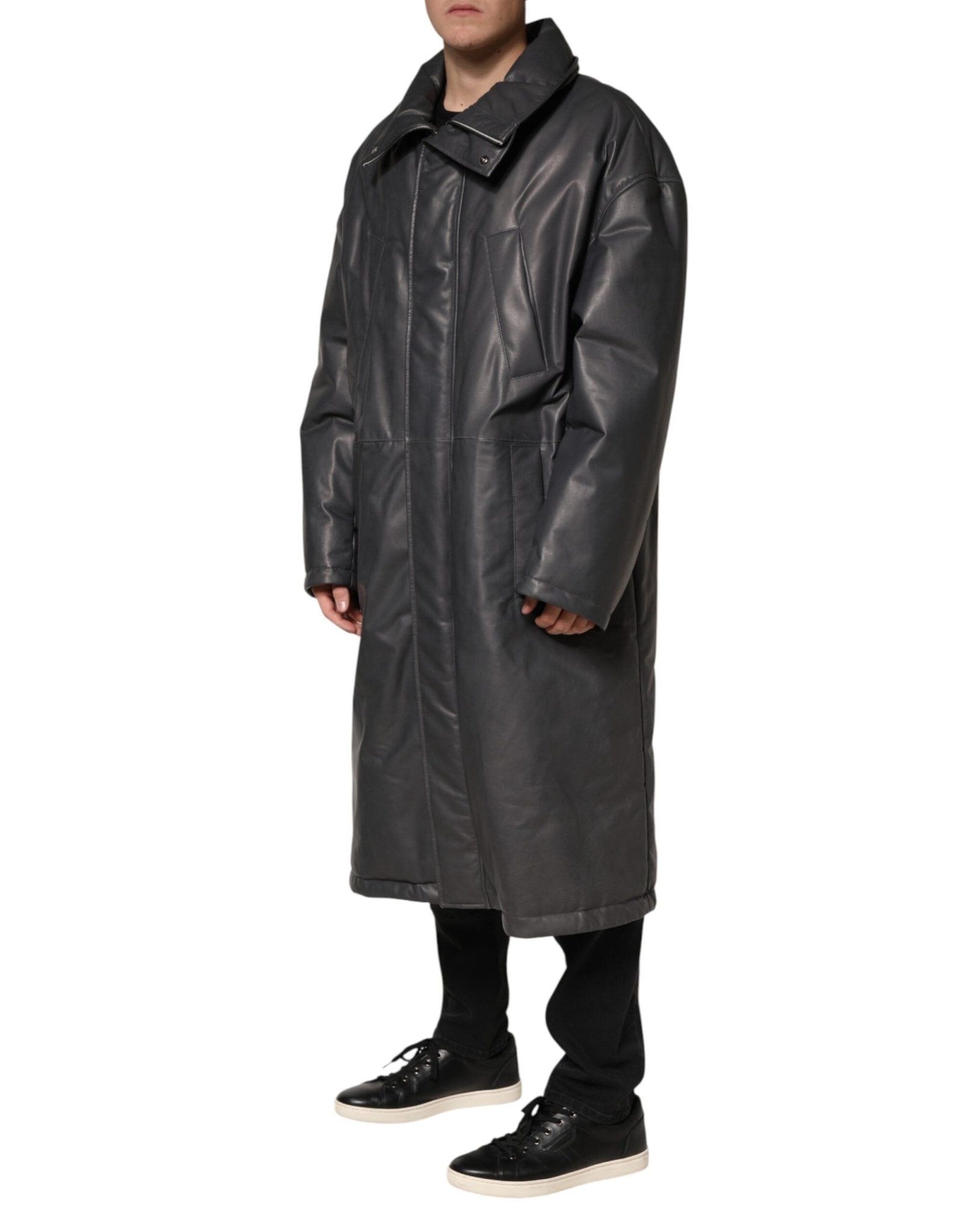 Dolce & Gabbana Black Leather Collared Trench Coat Jacket - RIMODA
