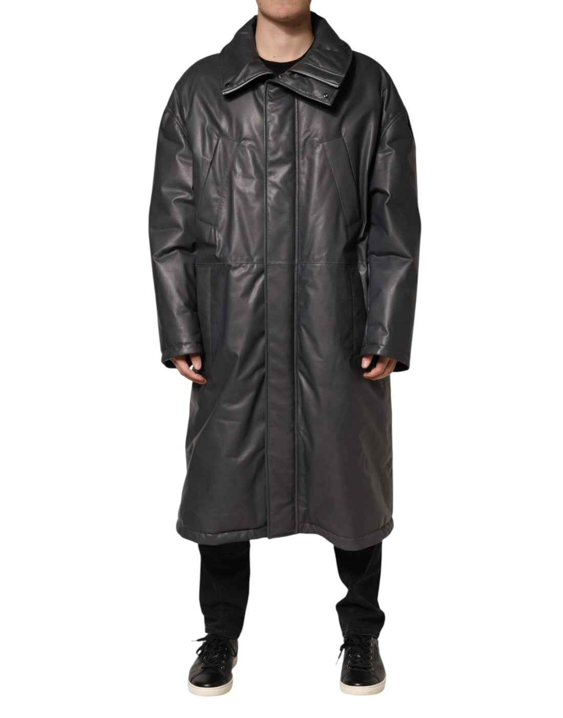 Dolce & Gabbana Black Leather Collared Trench Coat Jacket - RIMODA