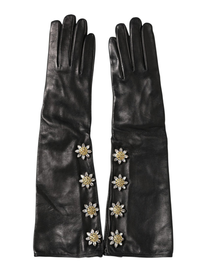 Dolce & Gabbana Black Leather Embellished Long Mitten Gloves - RIMODA