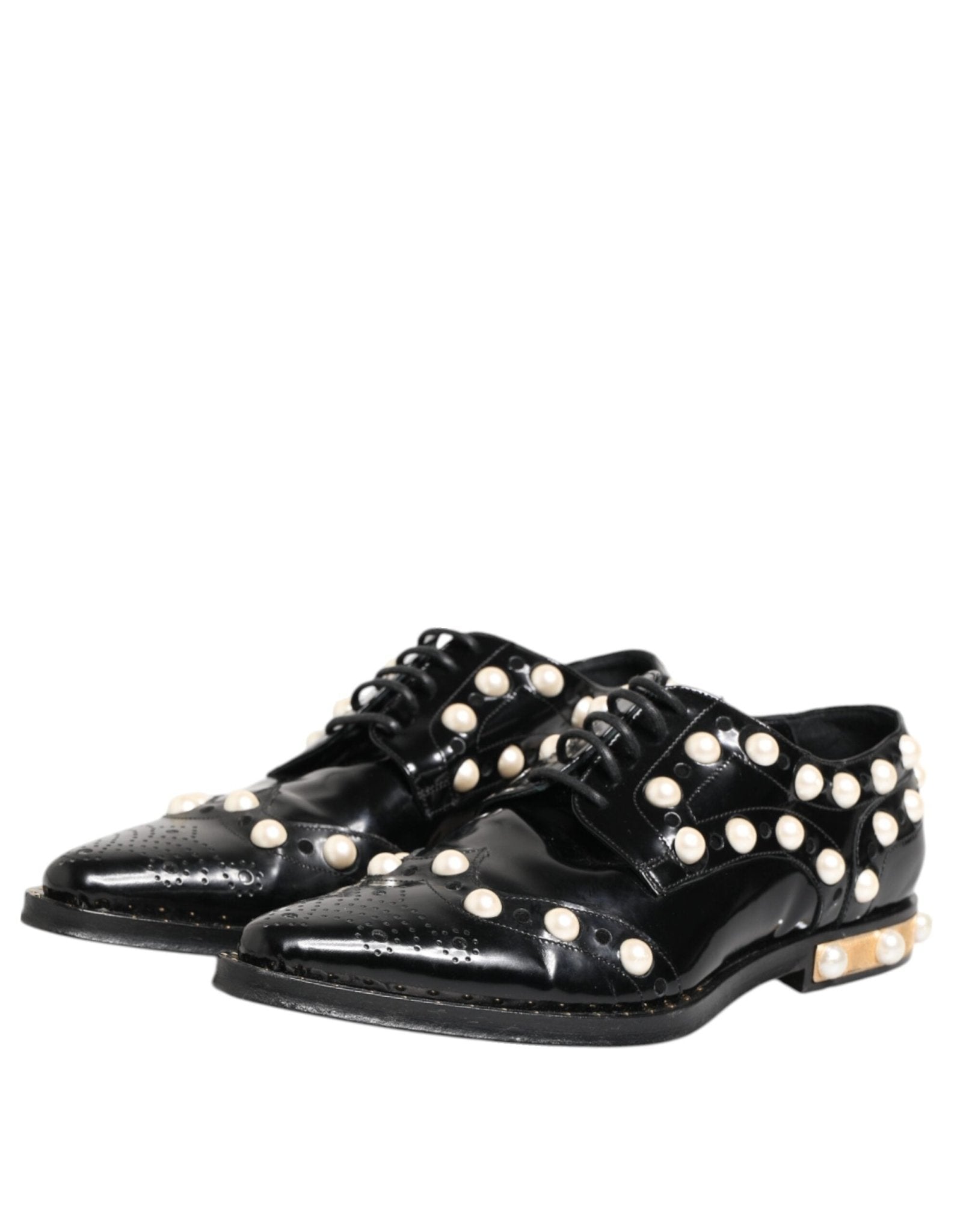 Dolce & Gabbana Black Leather Faux Pearl Dress Broque Shoes - RIMODA