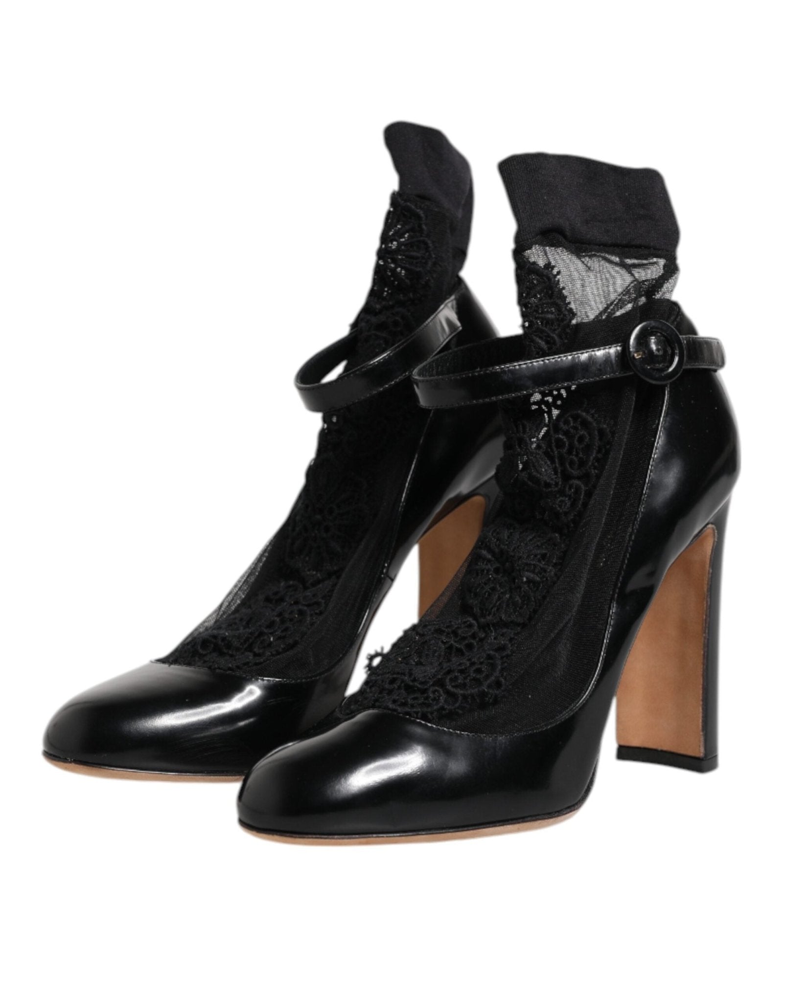 Dolce & Gabbana Black Leather Lace Socks Heels Pumps Shoes - RIMODA