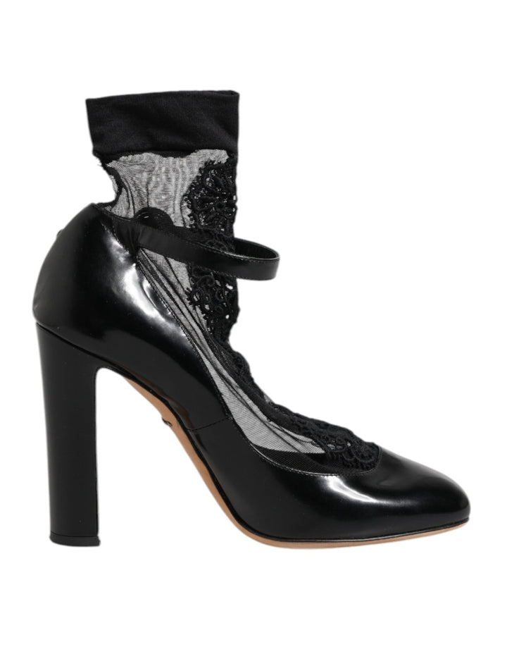 Dolce & Gabbana Black Leather Lace Socks Heels Pumps Shoes - RIMODA