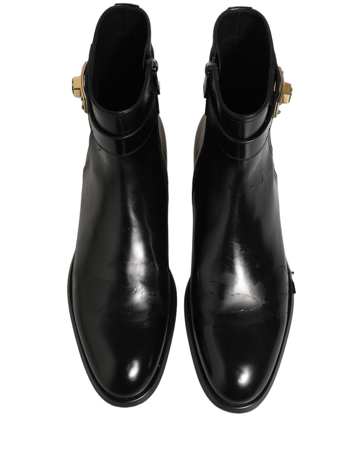Dolce & Gabbana Black Leather Logo Buckle Mid Calf Boots Shoes - RIMODA