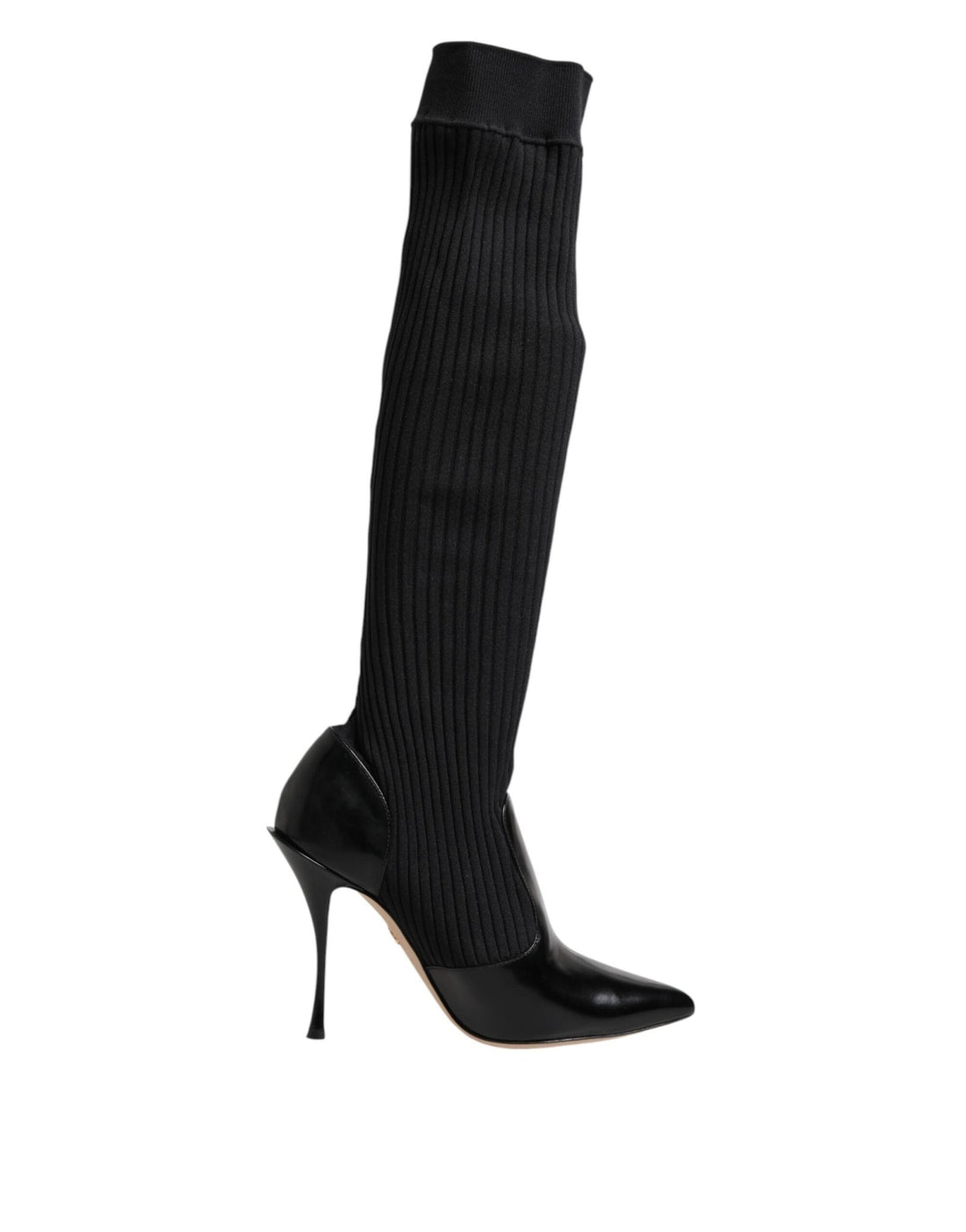 Dolce & Gabbana Black Leather Ribbed Knit Knee Boots Shoes - RIMODA