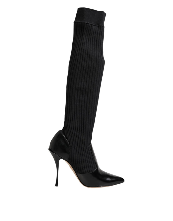 Dolce & Gabbana Black Leather Ribbed Knit Knee Boots Shoes - RIMODA