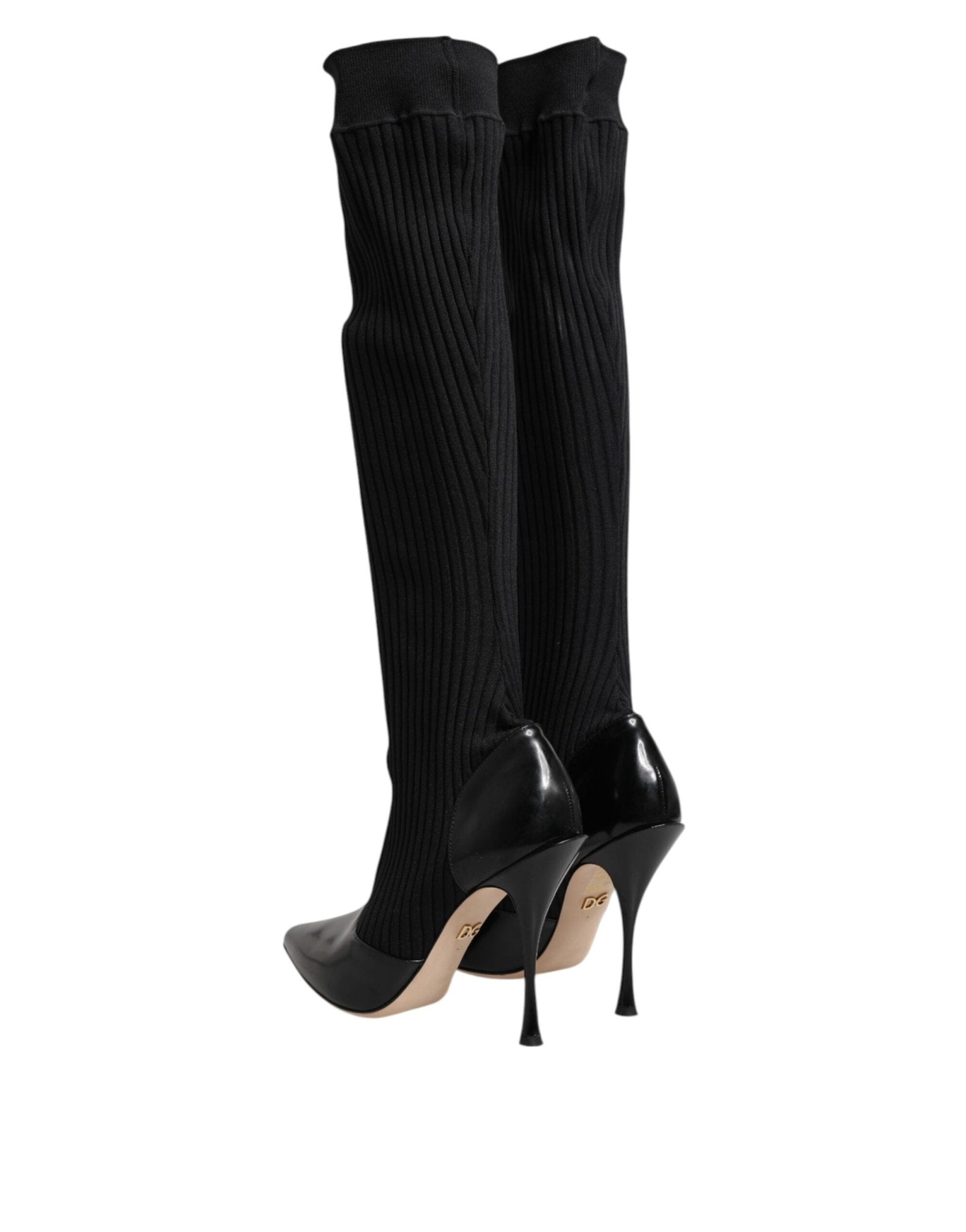 Dolce & Gabbana Black Leather Ribbed Knit Knee Boots Shoes - RIMODA