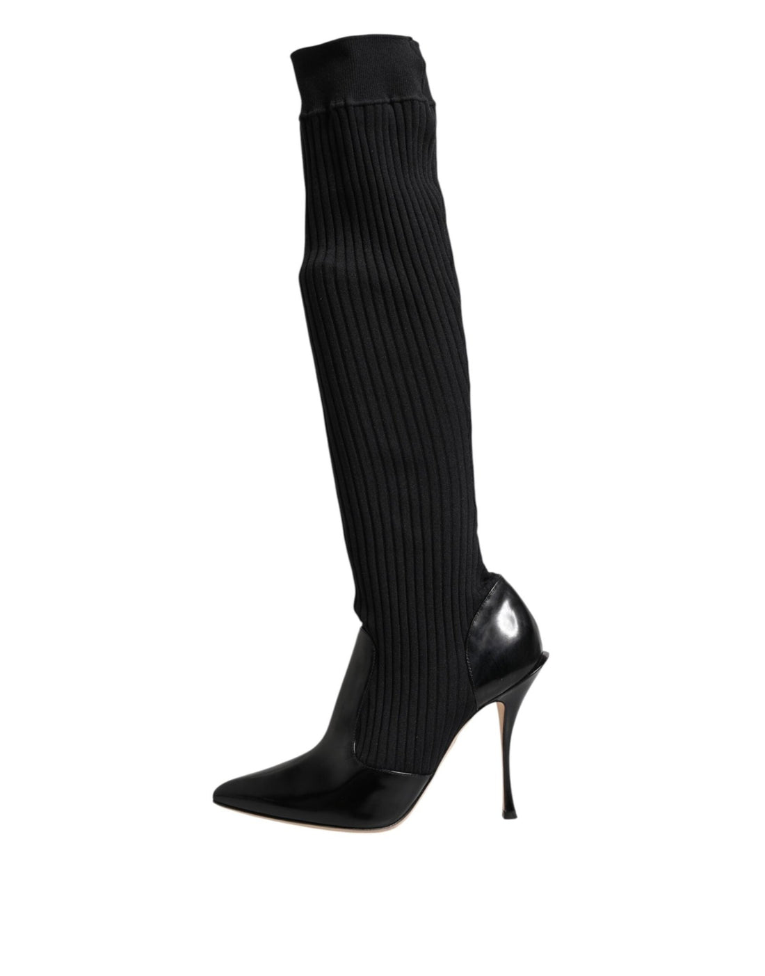 Dolce & Gabbana Black Leather Ribbed Knit Knee Boots Shoes - RIMODA