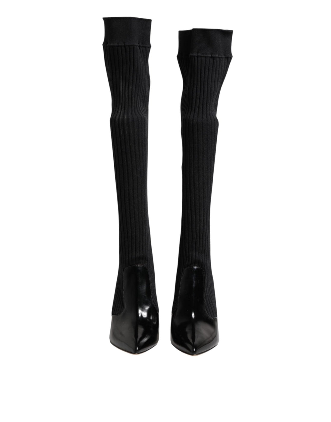 Dolce & Gabbana Black Leather Ribbed Knit Knee Boots Shoes - RIMODA