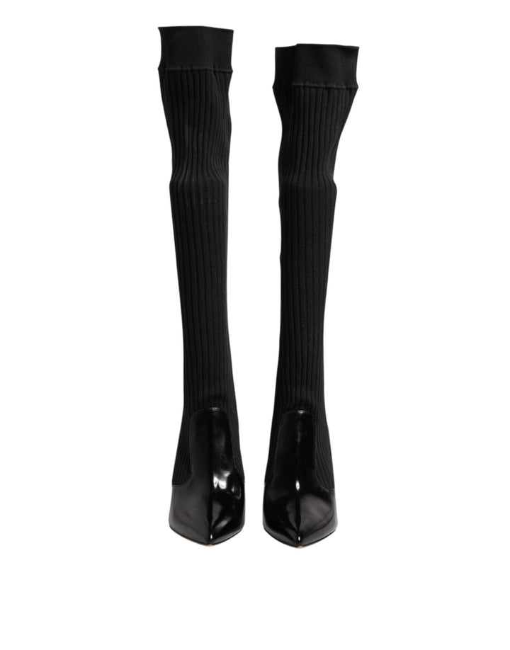 Dolce & Gabbana Black Leather Ribbed Knit Knee Boots Shoes - RIMODA