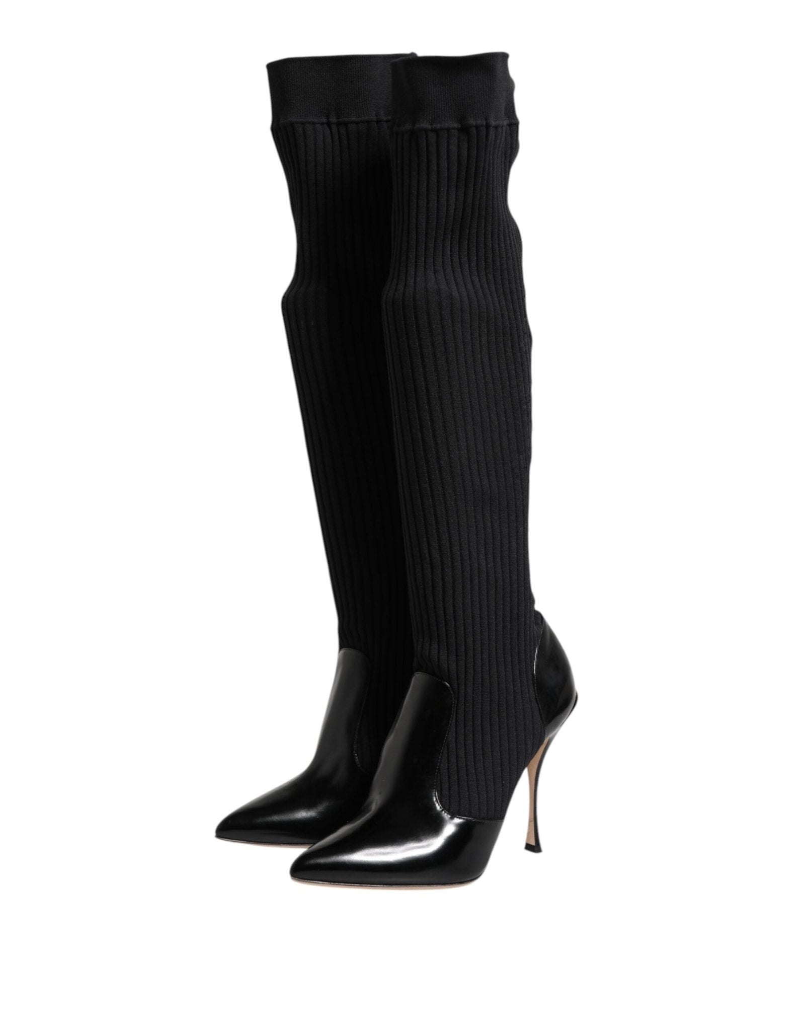 Dolce & Gabbana Black Leather Ribbed Knit Knee Boots Shoes - RIMODA