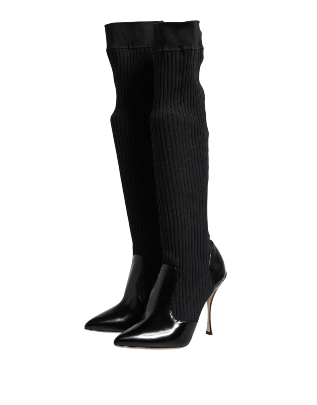 Dolce & Gabbana Black Leather Ribbed Knit Knee Boots Shoes - RIMODA