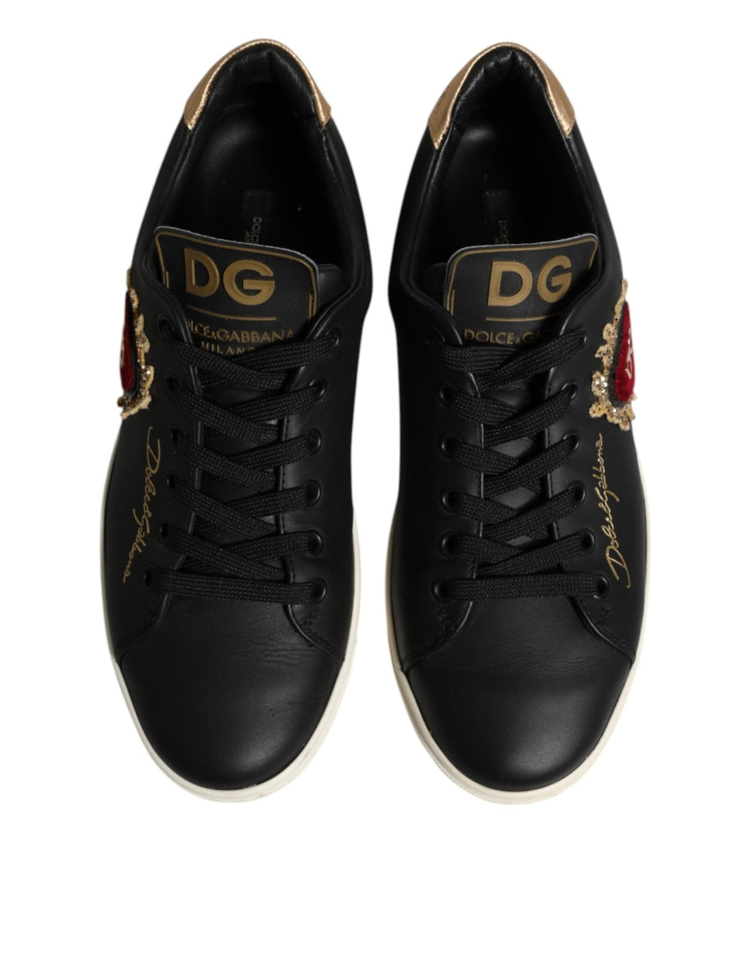 Dolce & Gabbana Black Leather Sacred Heart Sneakers Shoes - RIMODA